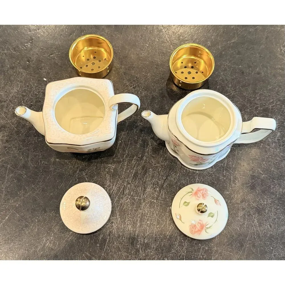 Partylite (Rare) Romantic Chic Tea Pot Set Tea Light Holders W/ Brass Inserts
